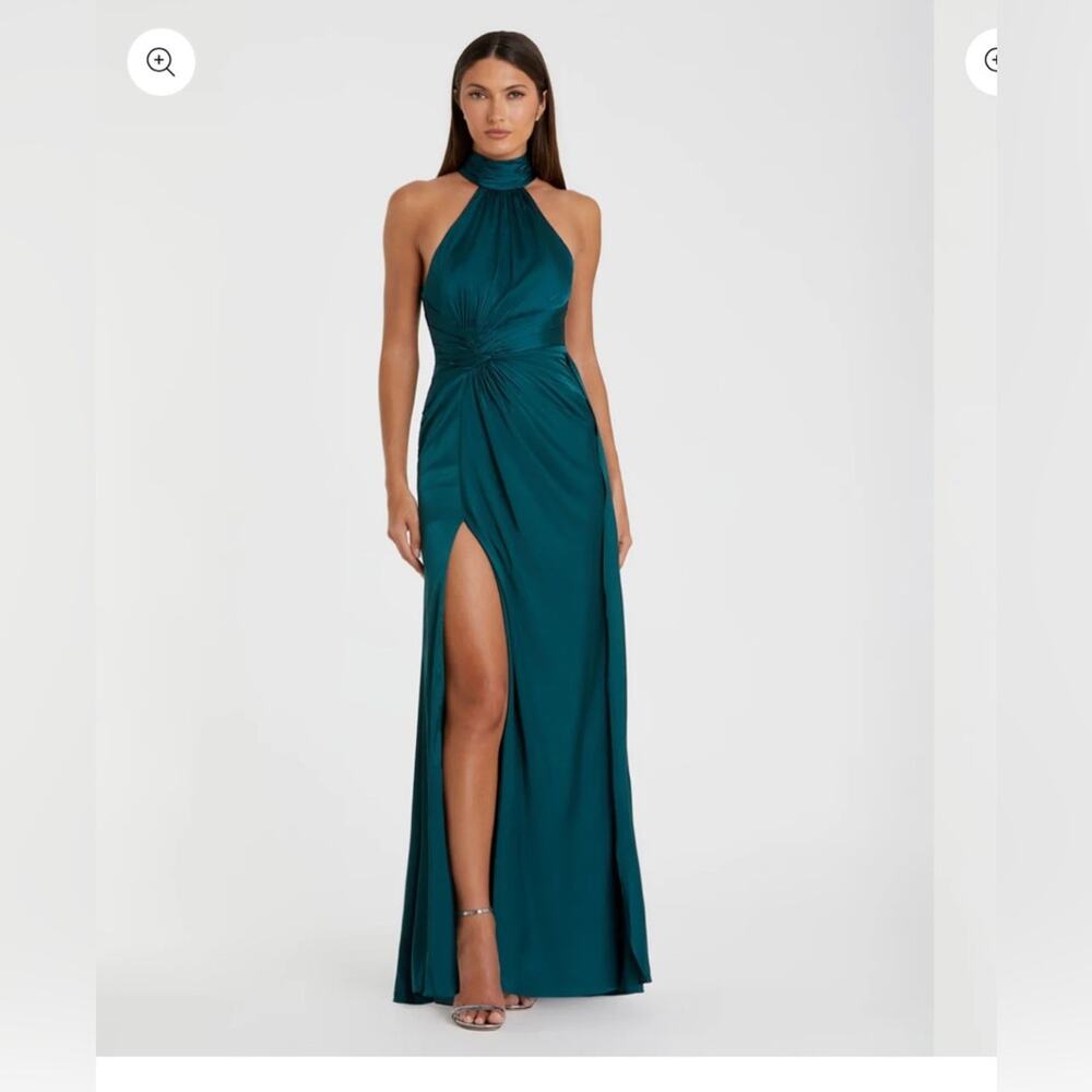 NWT IEENA for MAC DUGGAL Blue Open Back High Neck Side Ruched Gown